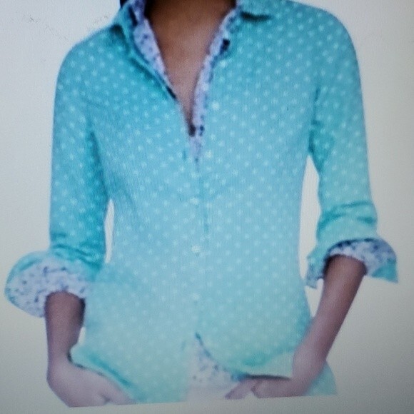 J. CREW PERFECT LINEN BUTTON UP SHIRT POLKA DOT AQUA BLUE GREEN WHITE SIZE 2 - Picture 9 of 9